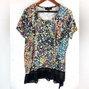 Karen Kane L Midnight Blooms Multicolor Floral on Black Tunic Blouse